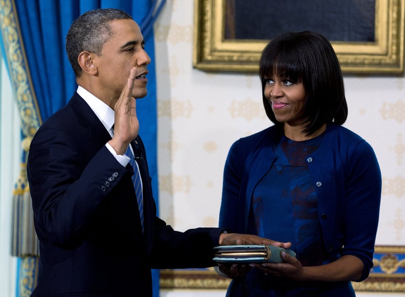 Being sworn in for the second time with Michelle Obama in 2013.