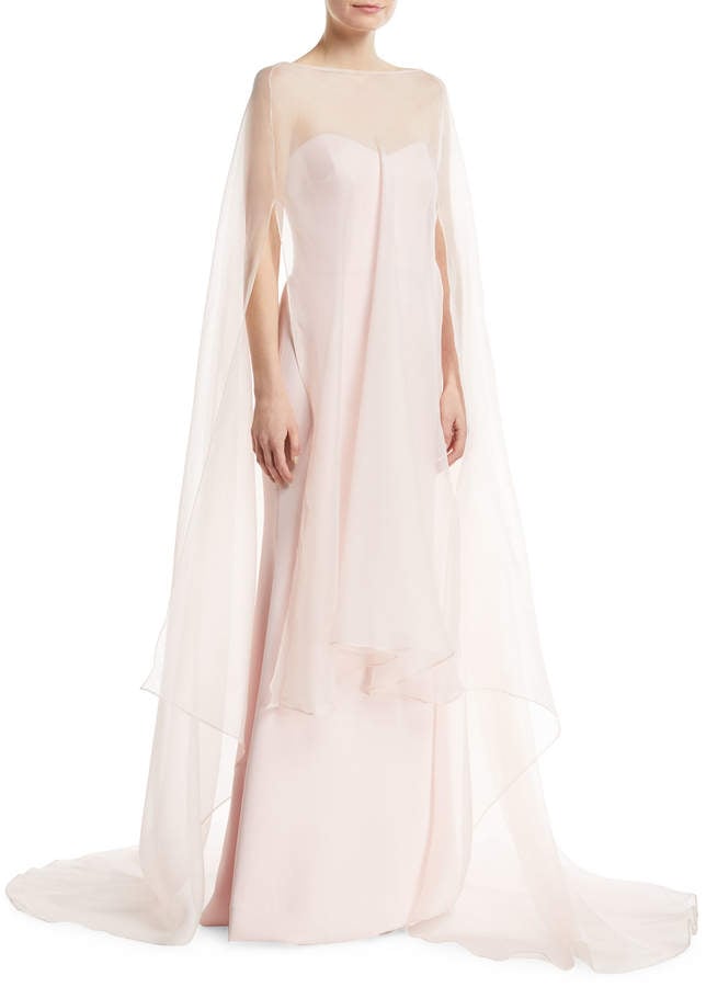 Badgley Mischka Strapless Gown with Organza Overlay Cape (£825)