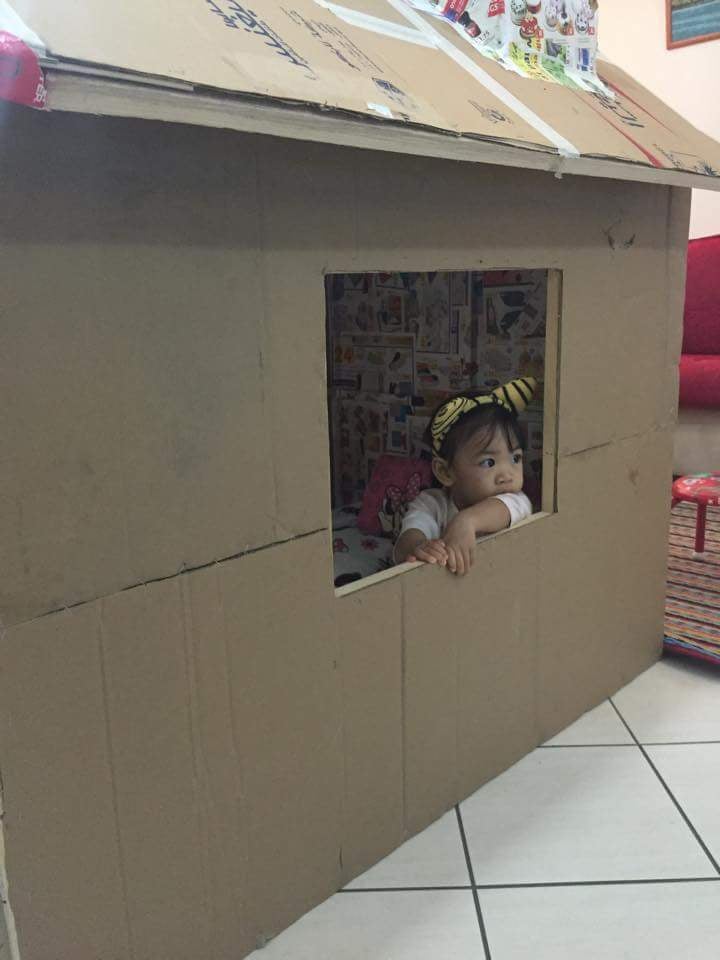 Grandfather Makes Cardboard Playhouse From Cardboard Boxes