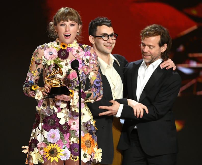 LOS ANGELES, CALIFORNIA - MARCH 14: (L-R) Taylor Swift, Jack Antonoff, and Aaron Dessner accept the Album of the Year award for 'Folklore' onstage during the 63rd Annual GRAMMY Awards at Los Angeles Convention Center on March 14, 2021 in Los Angeles, Cali