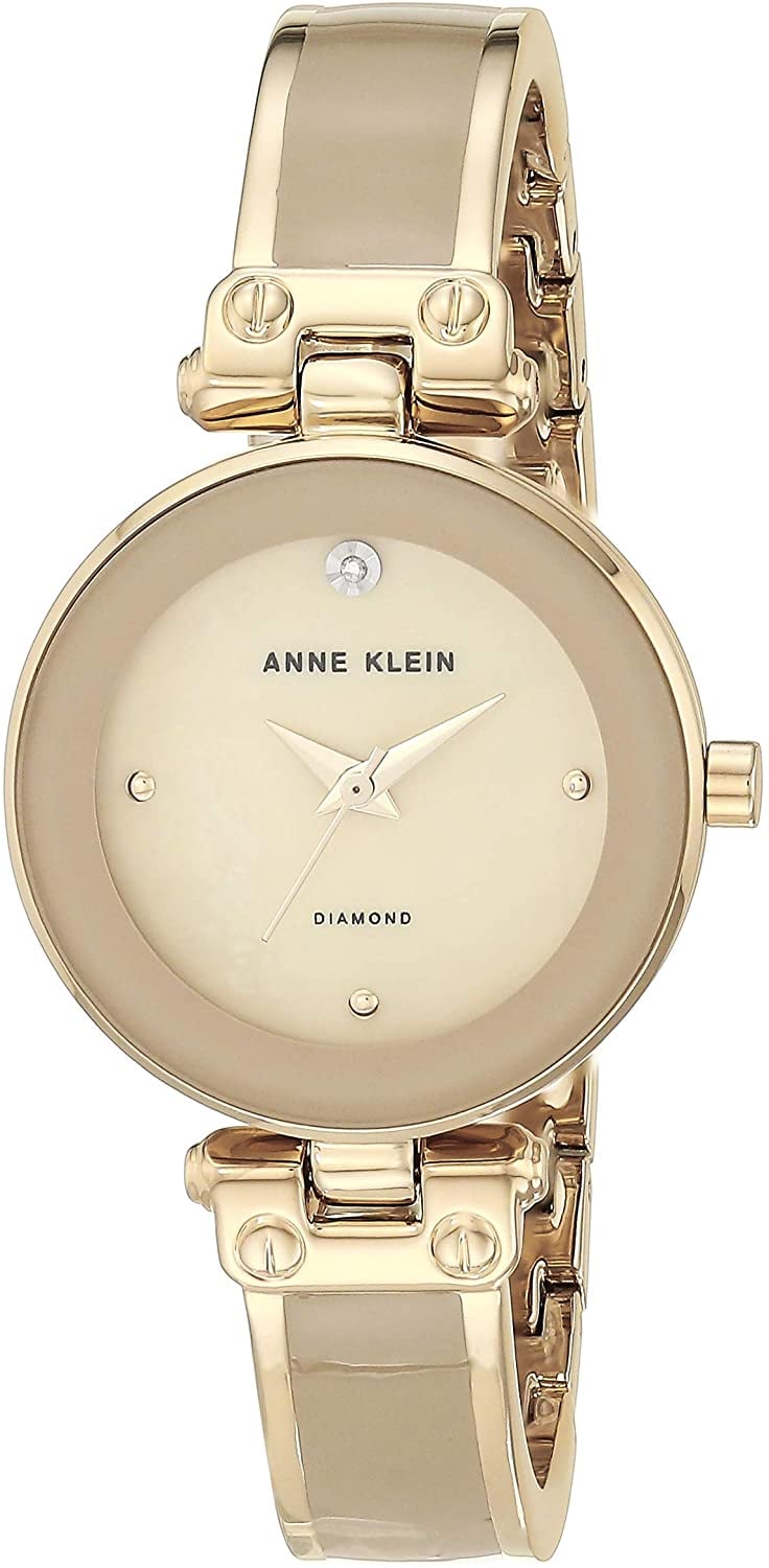 Anne Klein Diamond-Accented Dial Tan and Gold-Tone Bangle Watch