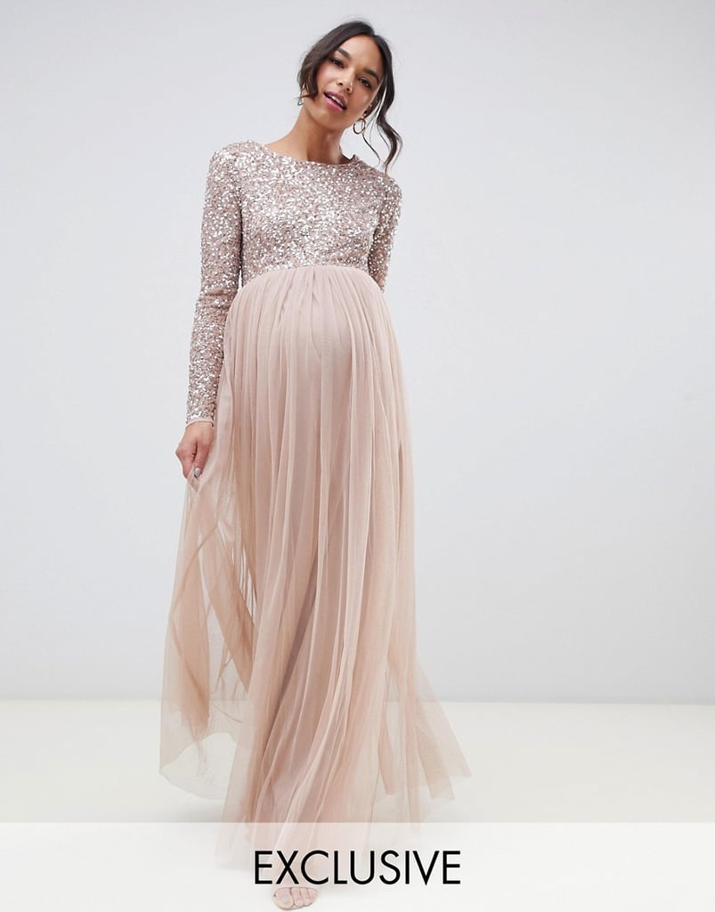 Maya Maternity Bridesmaid Long Sleeved Maxi Dress With Delicate Sequin and Tulle Skirt