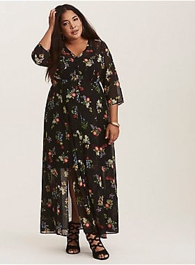 Torrid Black Floral Chiffon & Lace Maxi Shirt Dress