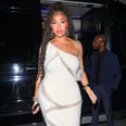 Jordyn Woods Steps Out in One-Shoulder Fuzzy Dress With Sheer Details