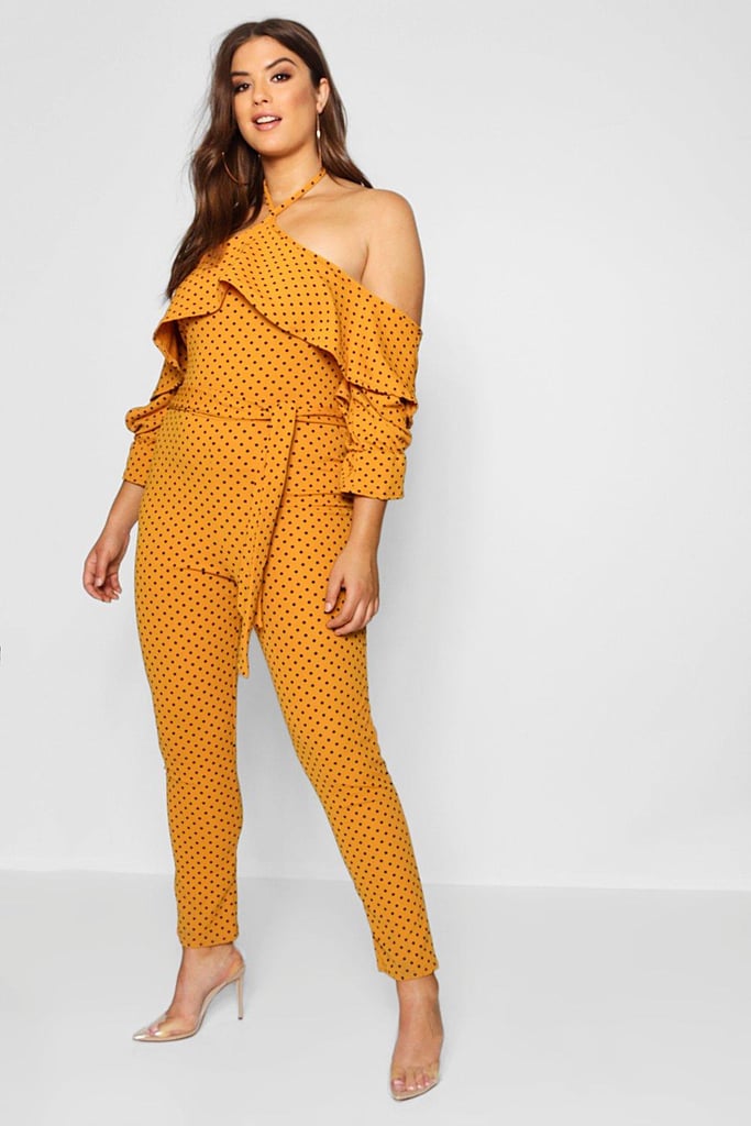 Boohoo Plus Beth Halterneck Ruffle Polka Dot Jumpsuit