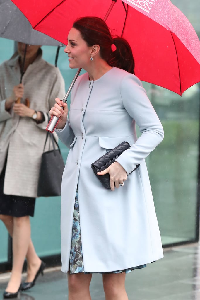 In fact, the duchess wore it when she stepped out for a visit to Kings College. She paired it with another Séraphine piece, the Natasha coat ($259), and accessorized her outfit with suede Jimmy Choo pumps, sapphire earrings, and a black quilted Jaeger clutch.