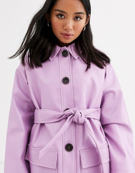 ASOS Design Petite Button Through Leather Look Belted Jacket