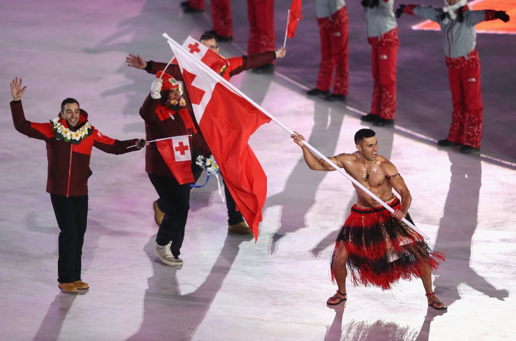 Tongan flag bearer Pita Taufatofua made a dramatic entrance. Tongan flag bearer Pita Taufatofua made a dramatic entrance.