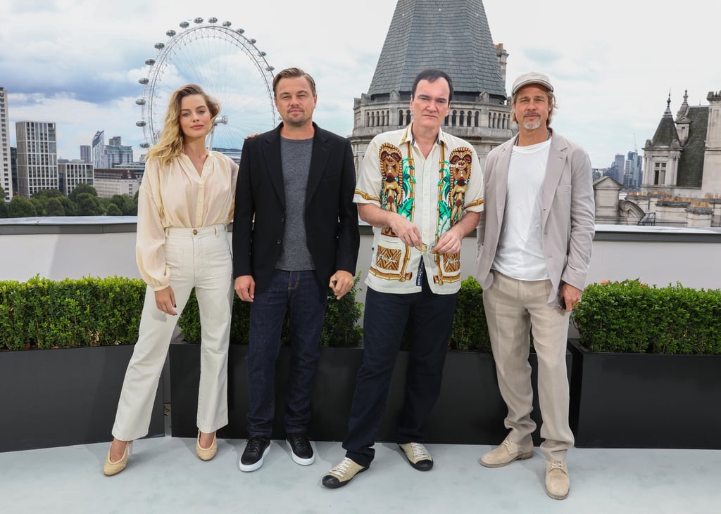 Margot Robbie, Leonardo DiCaprio, Quentin Tarantino, and Brad Pitt at the London photocall of Once Upon a Time in Hollywood.