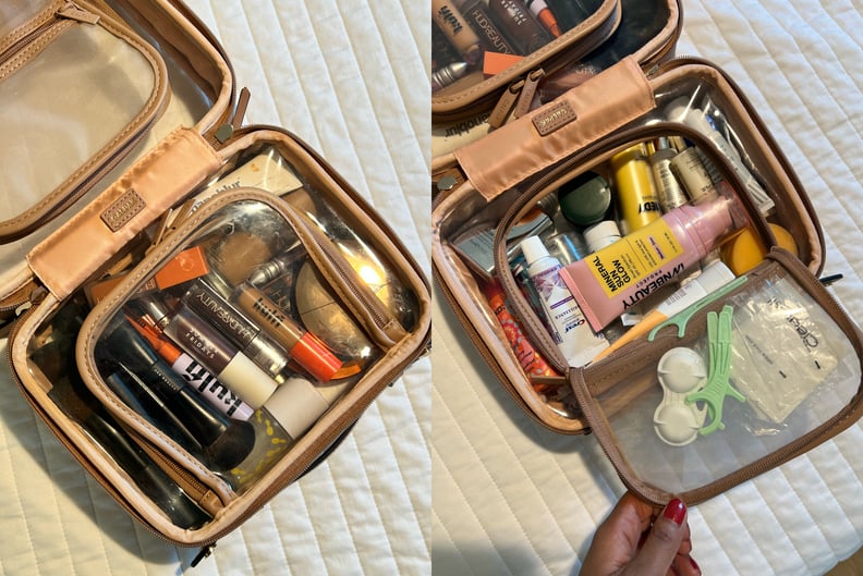 The Calpak Clear Cosmetics Case packed with makeup, beauty products, and toiletries.