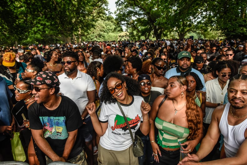 NEW YORK, NEW YORK - JUNE 18: People participate in a Juneteenth celebration in Fort Greene park on June 18, 2023 in the Brooklyn borough of New York City. Originating in Galveston, Texas on June 19, 1865, Juneteenth celebrates the announcement, about two