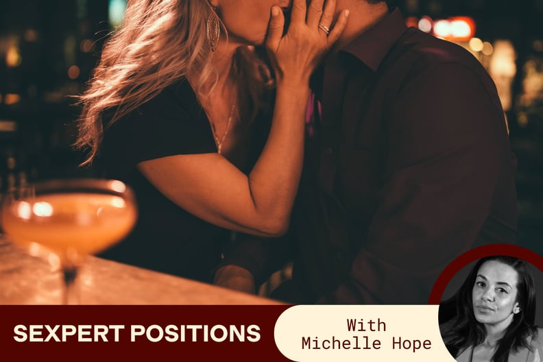 A photo of a woman with a wedding ring is whispering into the ear of a man at a bar, with a label indicating the photo is for Michelle Hope's Sexpert Positions column