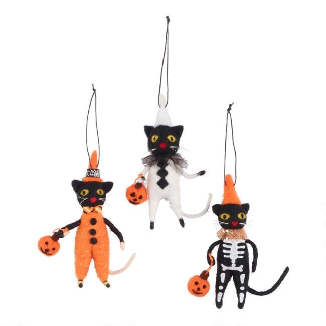 Vintage Felted Wool Cat Halloween Ornaments