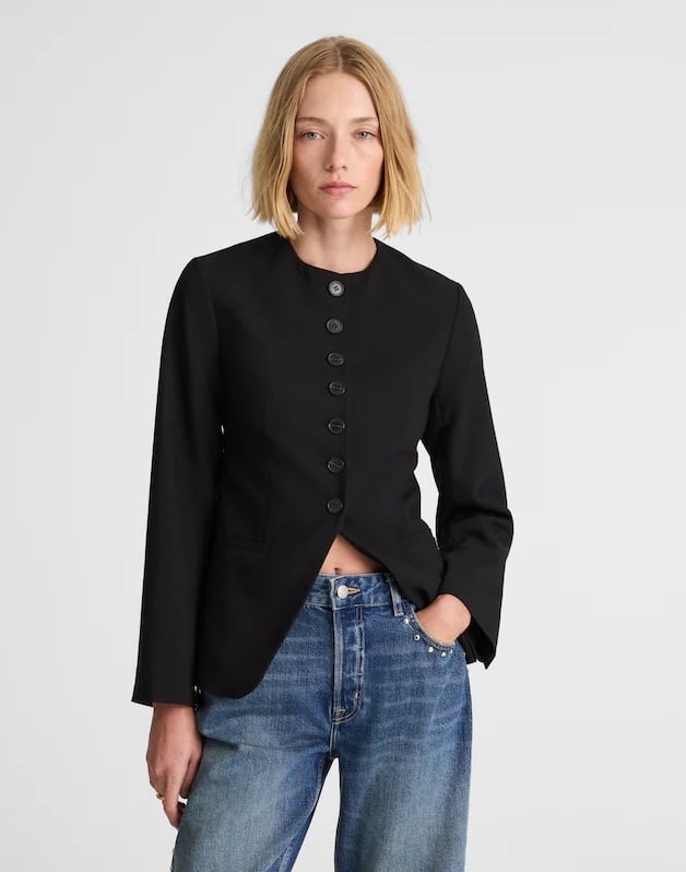 Madewell The Nolita Cutaway Blazer ($105, originally $228)
The first sign of a breeze in the air and I immediately break out my blazers. A blazer is the best light layer for fall and nowadays you can find countless designs that reimagine the silhouette, such as this fitted button-down style.