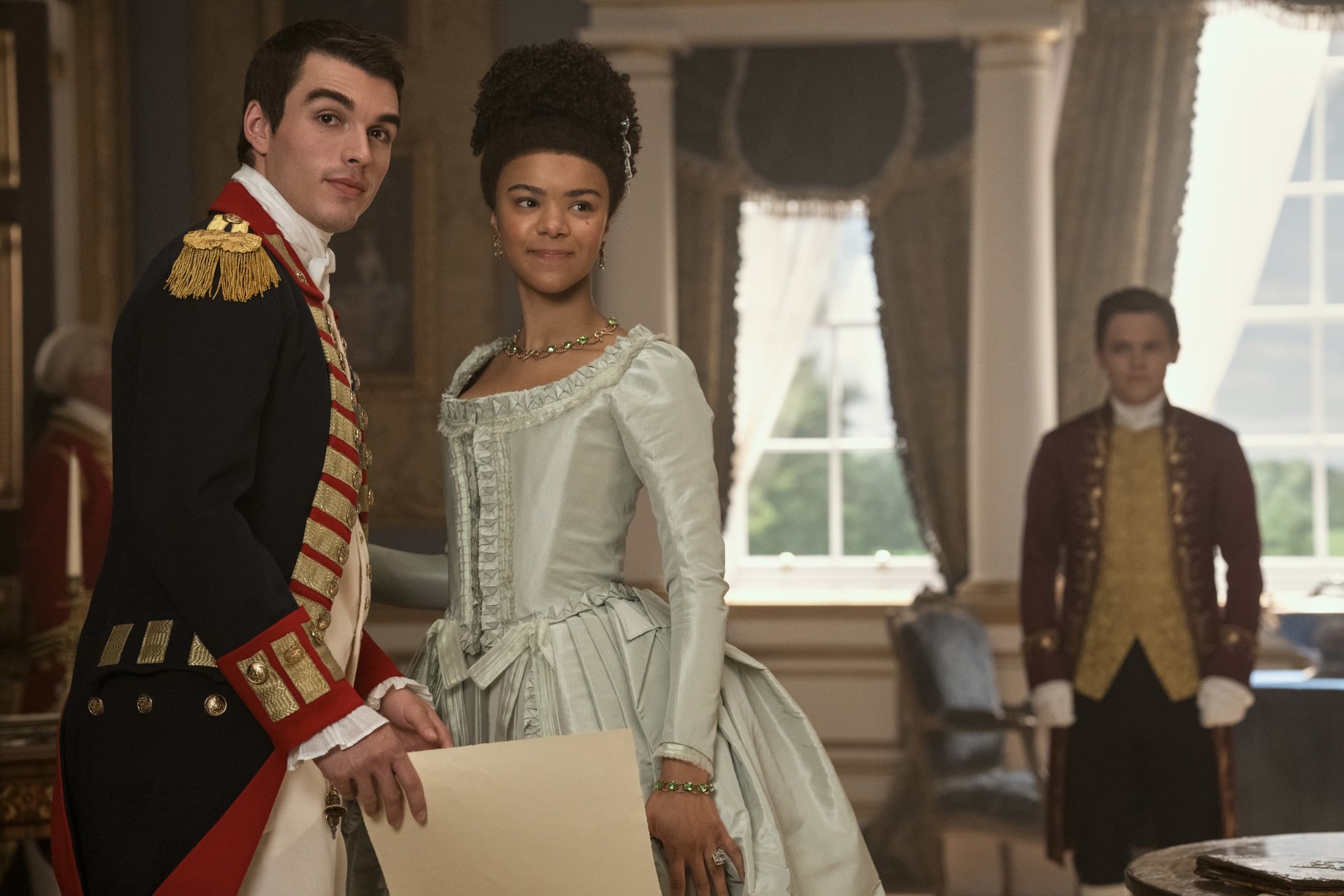 QUEEN CHARLOTTE: A BRIDGERTON STORY, from left: Corey Mylchreest, India Amarteifio, Sam Clemmett, 'Crown Jewels', (Season 1, ep. 106, aired May 4, 2023). photo: Nick Wall / Netflix / Courtesy Everett Collection
