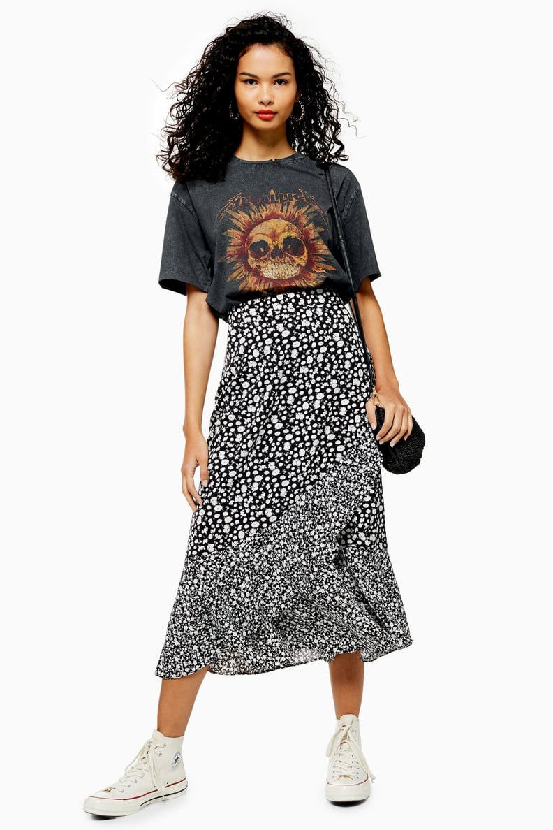 Topshop Black and White Floral Wrap Midi Skirt