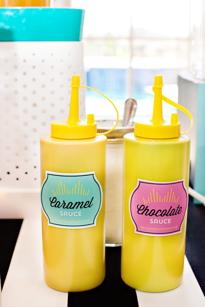 Can't go wrong with caramel and chocolate sauces, stored in mustard containers.