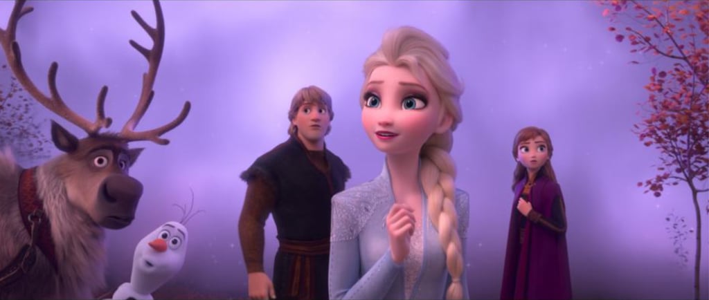 We get our first peek at the original squad, aka grown-up Elsa, Anna, Kristoff (voiced by Jonathan Groff), Olaf, and Sven. Naturally, our favourite snowman — voiced by Josh Gadd — says something along the lines of, "Maturity is making me poetic," and honestly I wish I could say the same.
We find out that Elsa's hearing voices — never a good sign — and things quickly go south during a wholesome game of charades. Disturbed by the strange voice she's been hearing, Elsa makes an early exit because she's tired (classic excuse to leave a party!) and goes to her room. 
Anna gets up to check on her brooding sister when we learn that Kristoff is planning on proposing. (Cue the squeals). Yep, he has a ring and everything.
Anna and Elsa have a deep conversation about whether or not Elsa is doing OK. She tells her sister that she's hearing voices and Anna promises her they're going to get through whatever is going on together. Fat chance of that, eh?