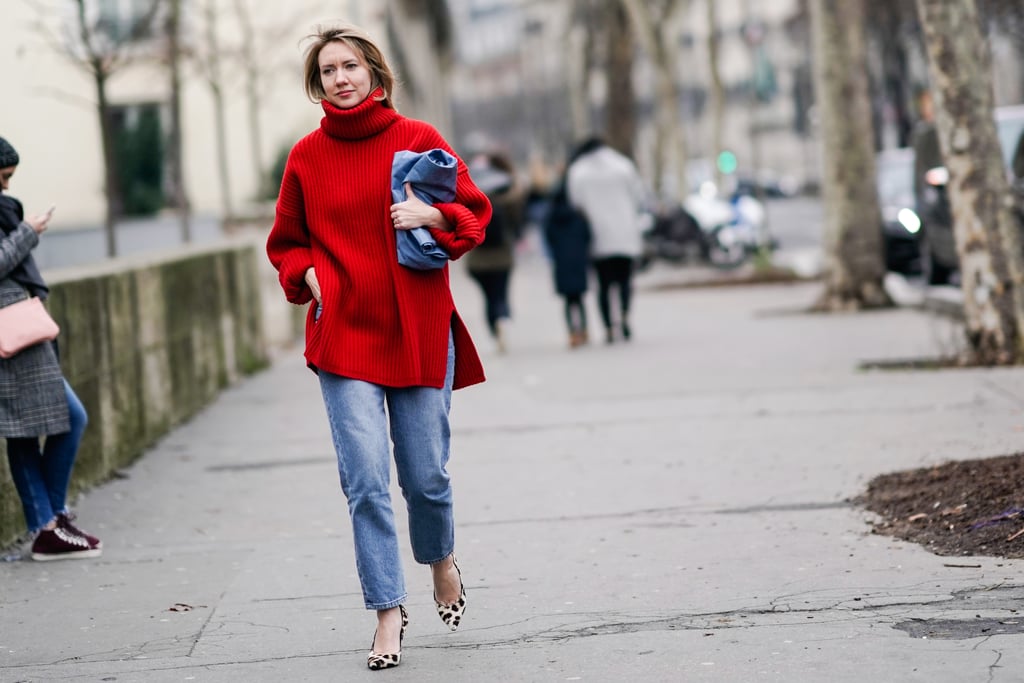 Let an oversize sweater in a brilliant color give your regular blue jeans some new life.