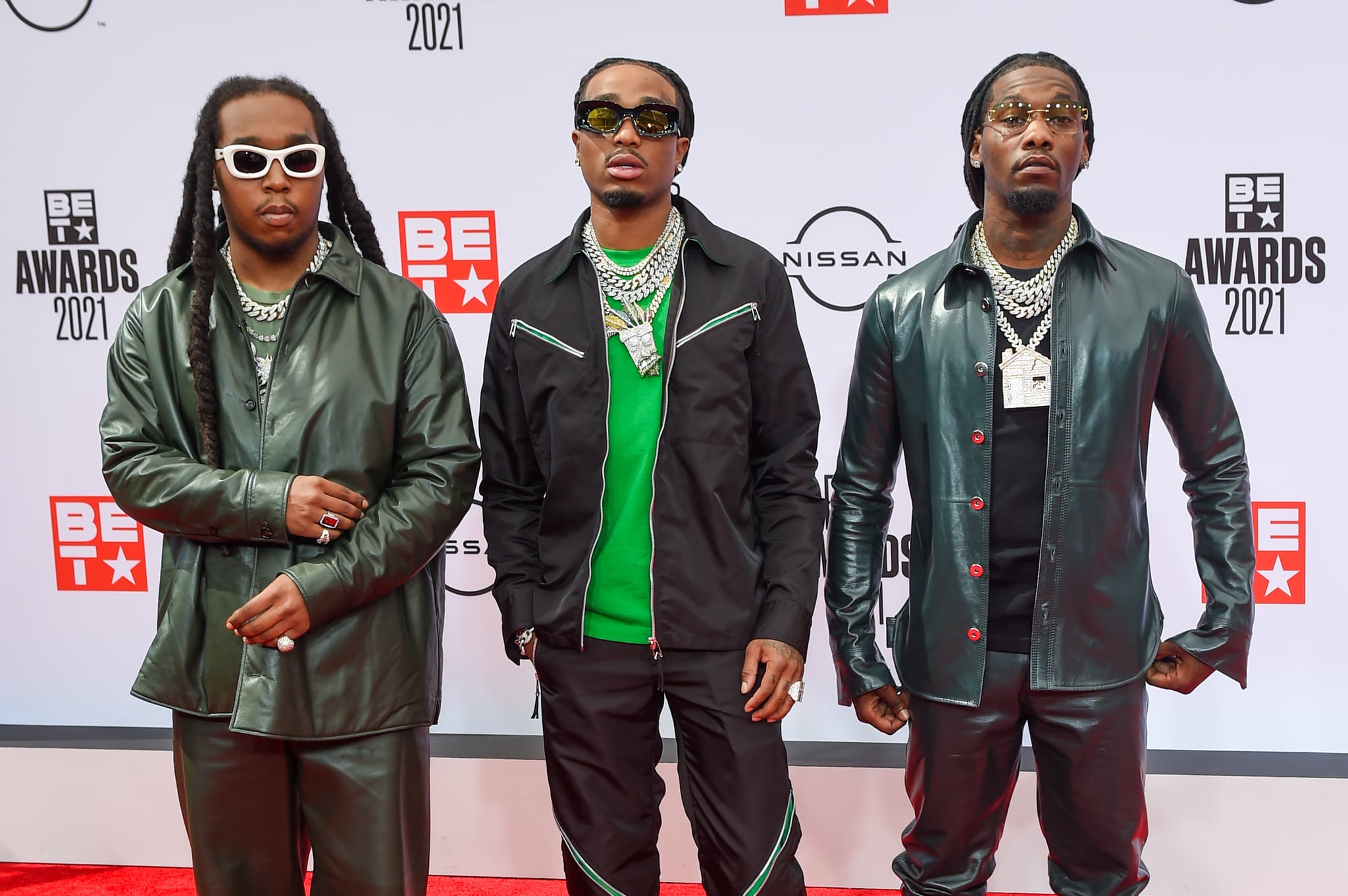 LOS ANGELES, CALIFORNIA - JUNE 27: Recording Artists (L-R) Takeoff, Quavo, and Offset of Migos attend the 2021 BET Awards at the Microsoft Theatre on June 27, 2021 in Los Angeles, California. (Photo by Aaron J. Thornton/Getty Images)