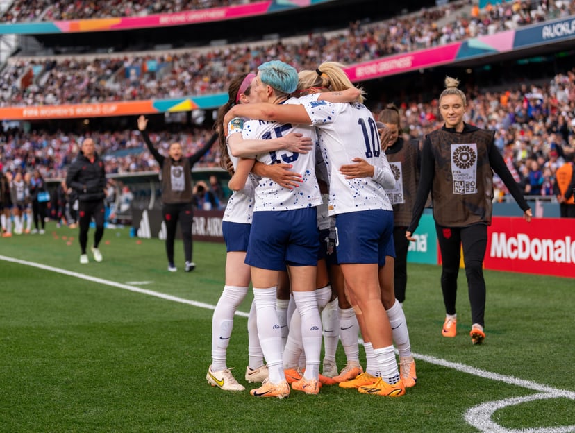 AUCKLAND, NEW ZEALAND - JULY 22: Lindsey Horan #10 of the United States celebrates her goal with Rose Lavelle #16 and Megan Rapinoe #15 during a FIFA World Cup Group Stage game between Vietnam and USWNT at Eden Park  on July 22, 2023 in Auckland, New Zeal