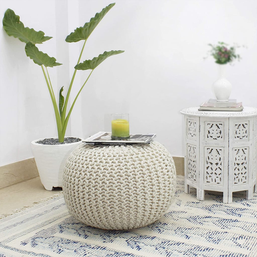 Cotton Craft Hand Knitted Cable Style Dori Pouf/Floor Ottoman - Ivory