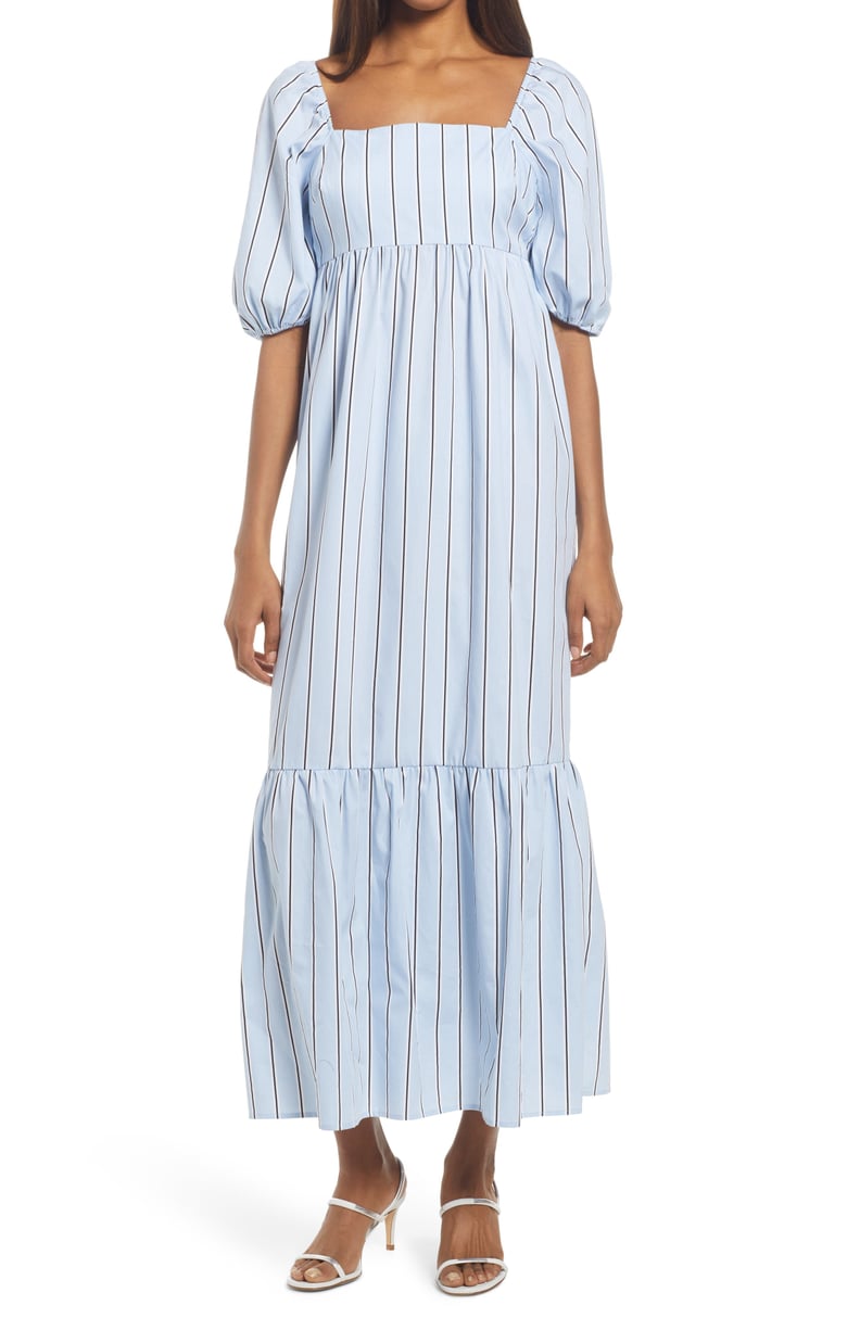 Fourteenth Place Stripe Puff Sleeve Midi Dress