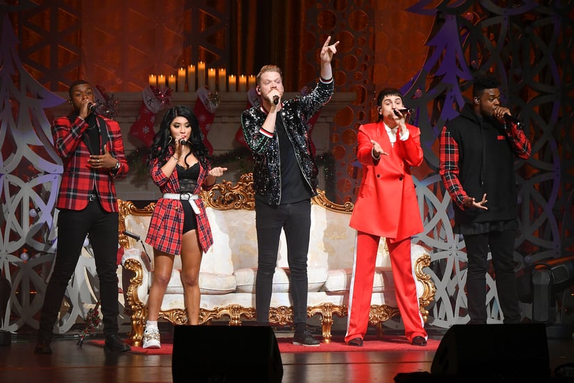 NEW YORK, NEW YORK - DECEMBER 18:  (L-R)  Matt Sallee, Kirstin Maldonado, Scott Hoying, Mitch Grassi, and Kevin Olusola of Pentatonix perform onstage at The Beacon Theatre on December 18, 2018 in New York City. (Photo by Dia Dipasupil/Getty Images)