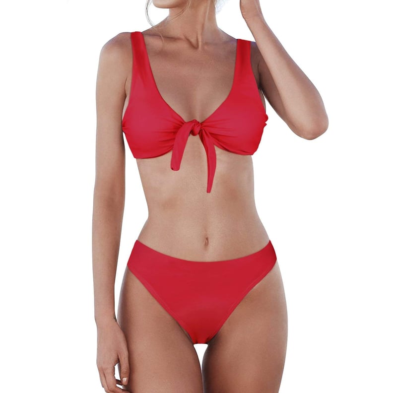 KAMLYNN Tie Knot Front High Waist Thong Bandage Swimwear Set