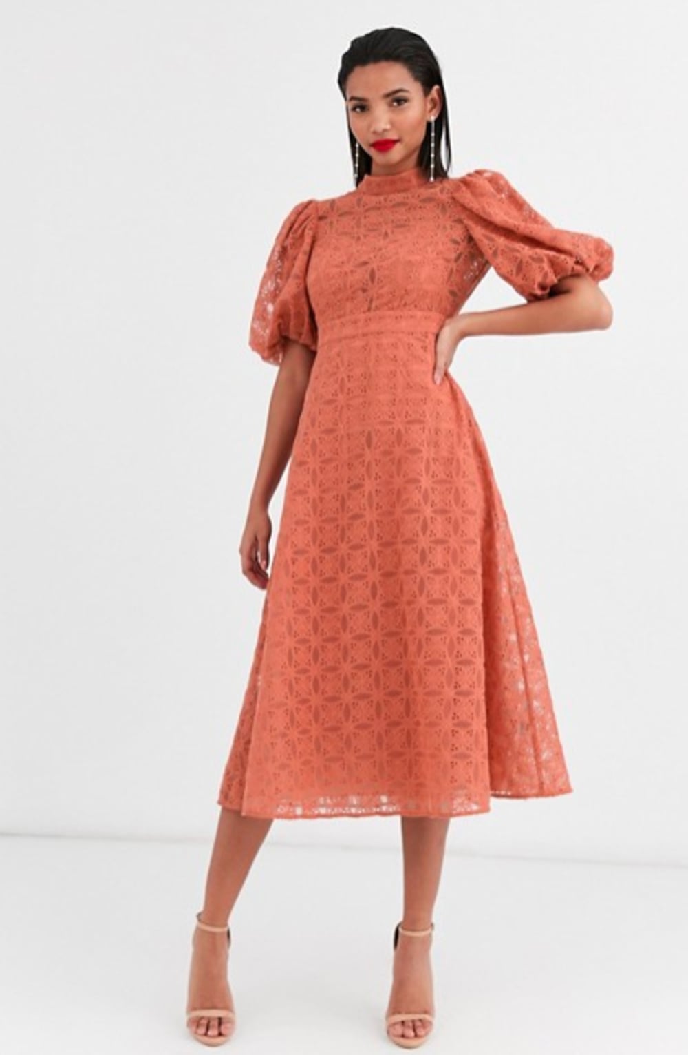 Asos Design Broderie Organza Midi Skater Dress With Puff Sleeves
