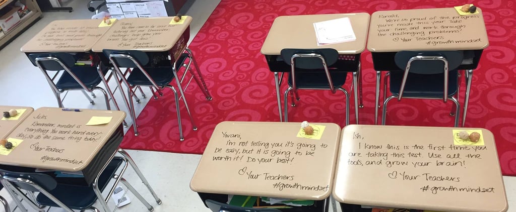 Teacher Writes Notes on Students' Desks Before Test