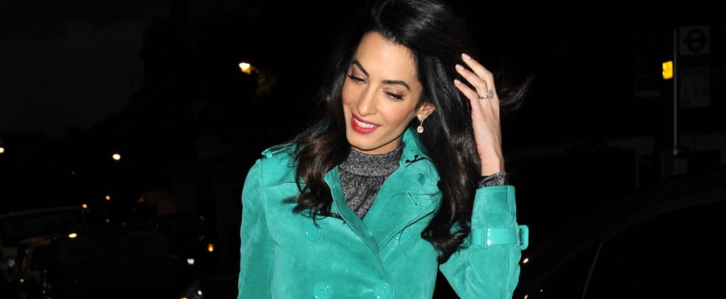 Amal Clooney Wearing Teal Burberry Coat