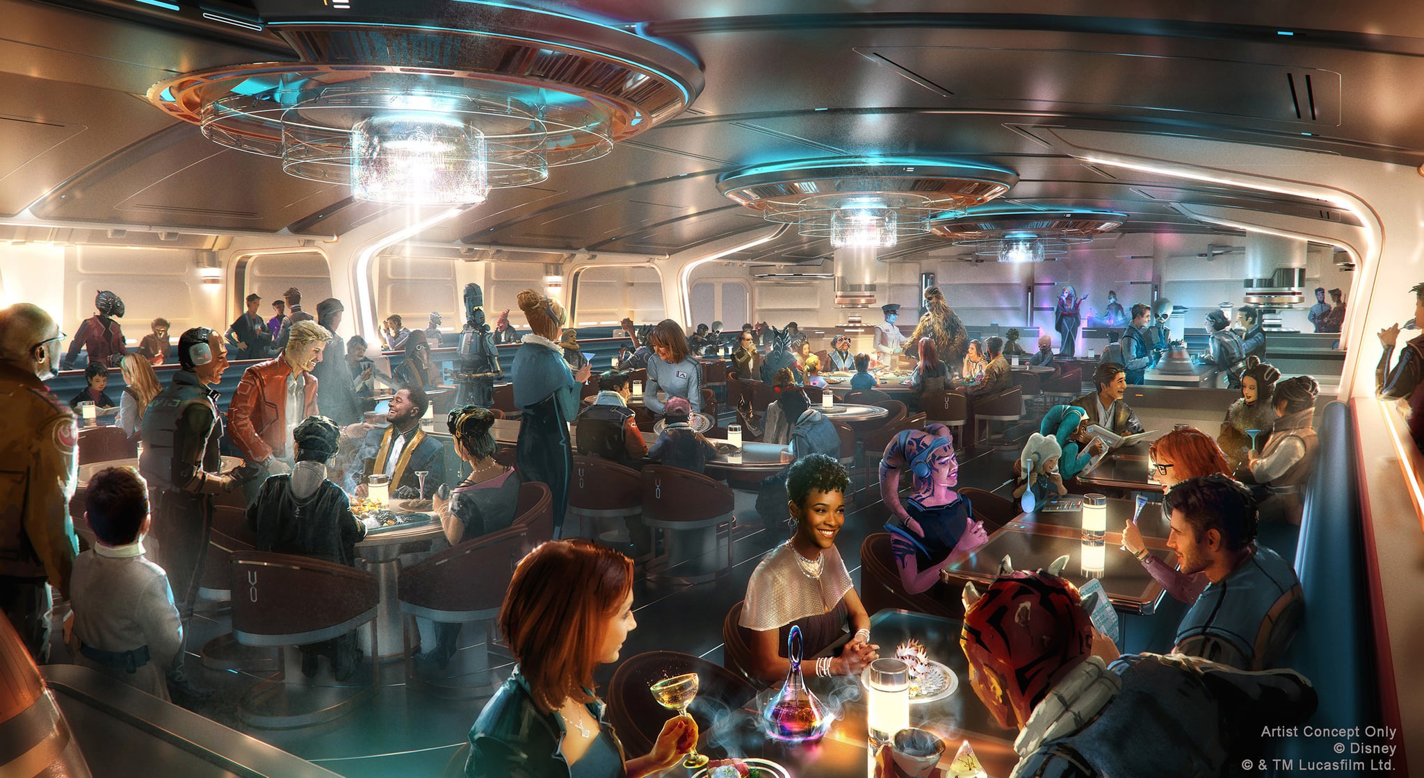 This artist concept rendering does not represent current operational guidelines or health and safety measures such as face covering and physical distancing requirements. Guests experiencing Star Wars: Galactic Starcruiser – opening in 2022 at Walt Disney World Resort in Lake Buena Vista, Fla. – will have fantastic meals in the Crown of Corellia Dining Room, seen in this artist concept rendering. The enticing supper club is a bright and welcoming hall offering menus of both otherworldly and familiar origins. One night's dinner will feature a live performance from a galactic superstar. (Disney/Lucasfilm)