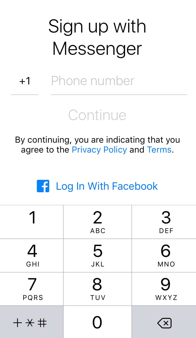 Sign up with Messenger without a Facebook account.
