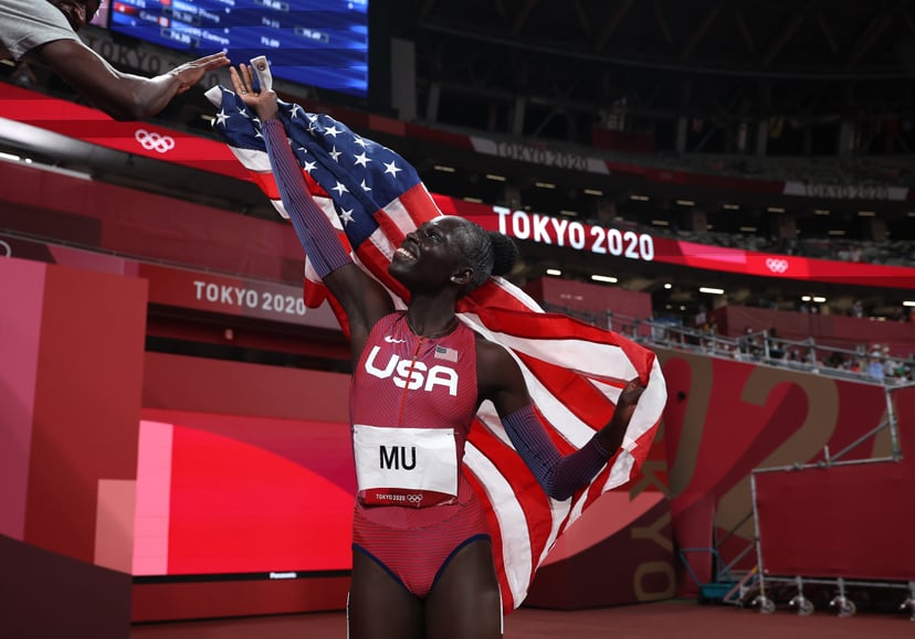 TOKYO, JAPAN - AUGUST 03: Athing Mu of Team United States reacts after winning the gold medal in the Women's 800m Final on day eleven of the Tokyo 2020 Olympic Games at Olympic Stadium on August 03, 2021 in Tokyo, Japan. (Photo by Patrick Smith/Getty Imag