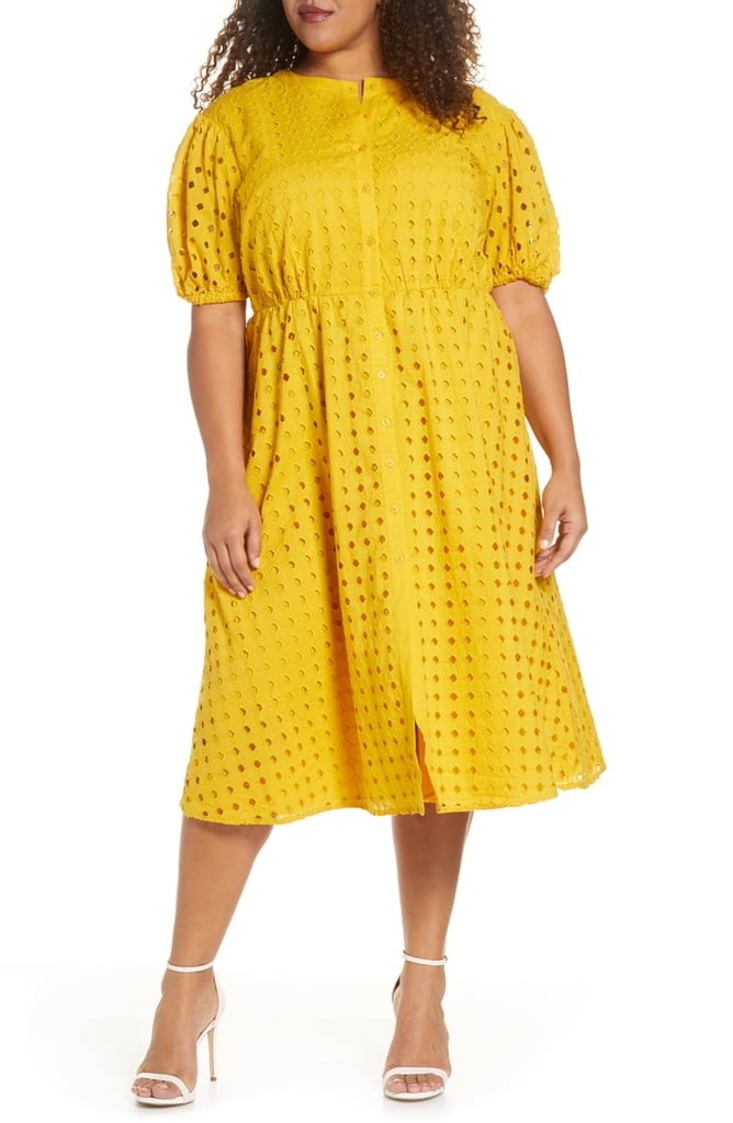 ELOQUII Puff-Sleeve Eyelet Midi Dress