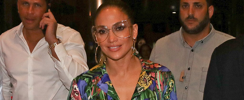 J Lo Styled Her Wild Jungle-Print Silk Set With a Pair of '90s-Inspired White Sneakers