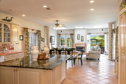 The peachy-hued tile kitchen can be seen on season seven of The Real Housewives of New York City.