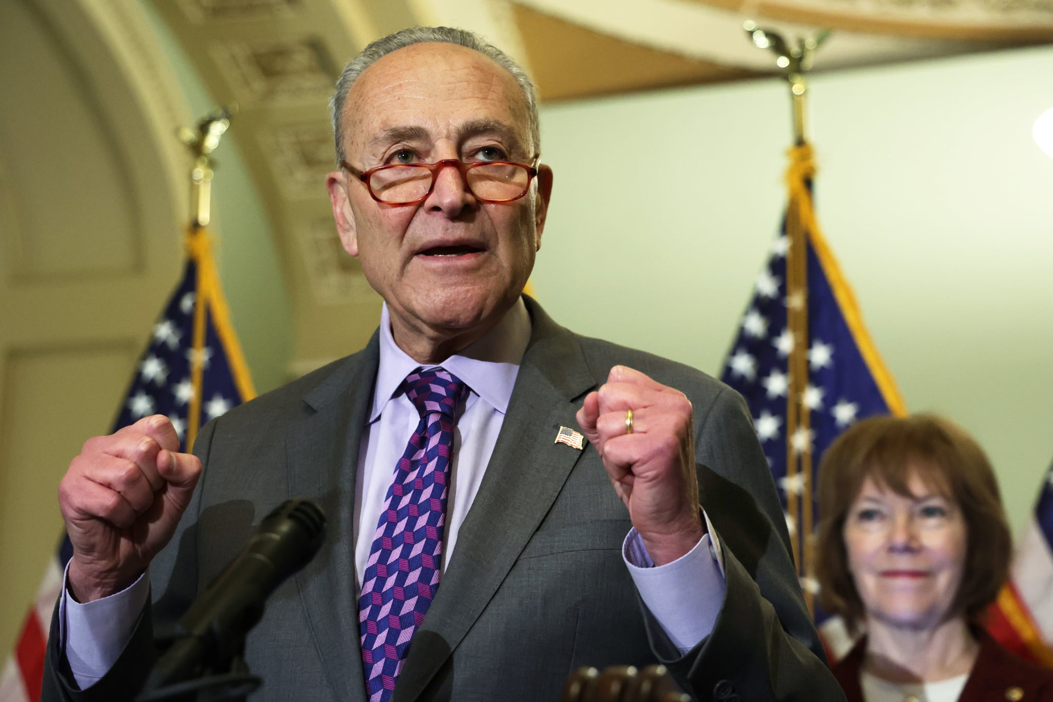 WASHINGTON, DC - MAY 10: U.S. Senate Majority Leader Sen. Chuck Schumer (D-NY) speaks to members of the press after a weekly Senate Democratic policy luncheon at the U.S. Capitol May 10, 2022 in Washington, DC. Senate Democrats gathered for a weekly policy luncheon to discuss the Democratic agenda. (Photo by Alex Wong/Getty Images)