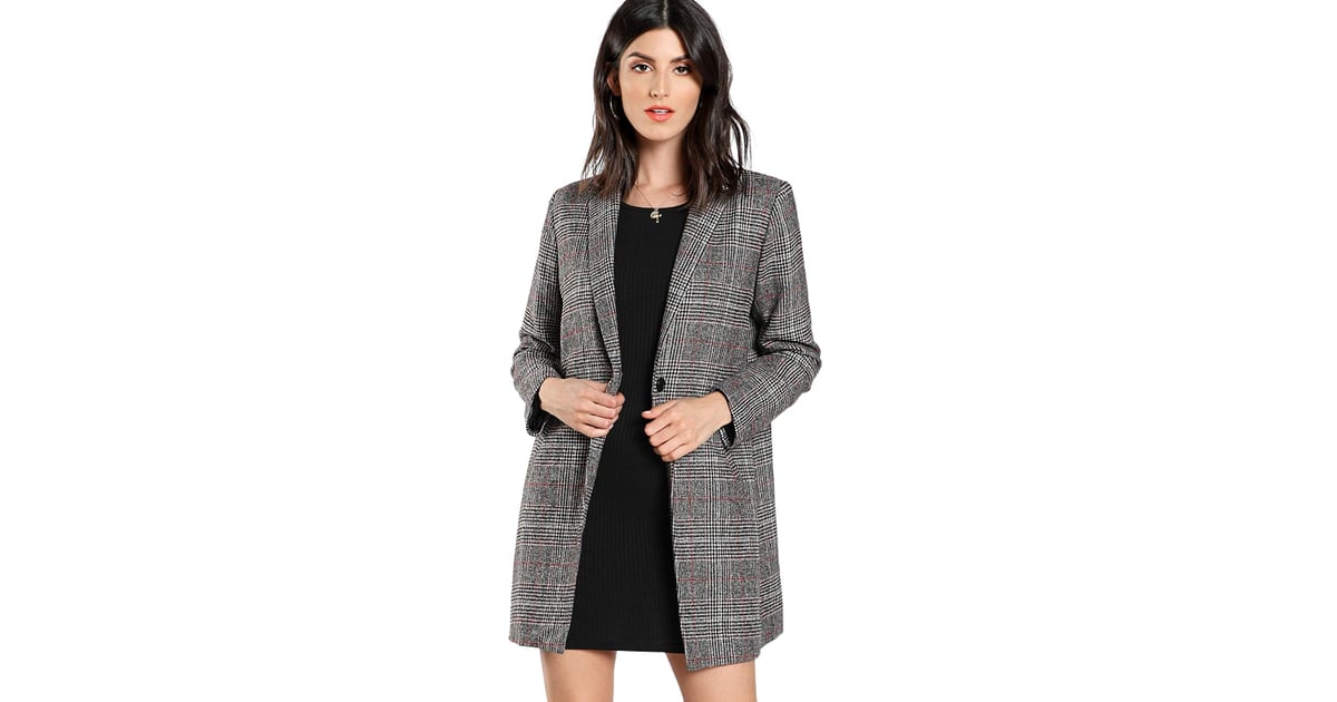 SheIn Womens Lapel Collar Coat Long Sleeve Plaid Blazer Outerwear