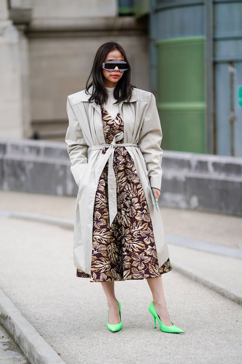Wear a White Turtleneck Under Your Floral Dress and Style It With a Trench Coat