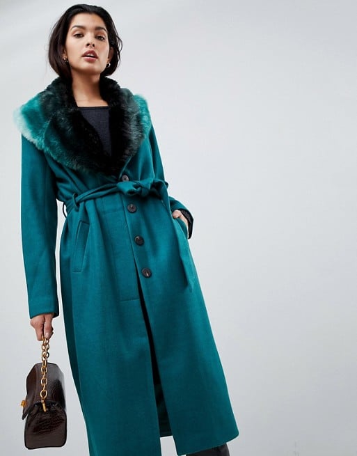 Vila Wool Faux Fur Collar Wrap Coat