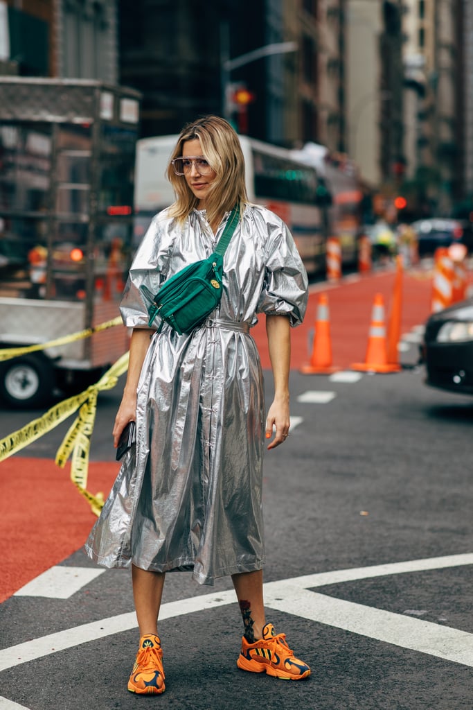 Style a shimmery, lamé piece for daytime appeal, with a cool crossbody bag or fanny pack and sneakers.