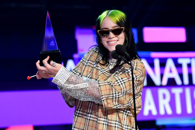 LOS ANGELES, CALIFORNIA - NOVEMBER 24: Billie Eilish accepts the Favorite Artist - Alternative Rock award onstage during the 2019 American Music Awards at Microsoft Theater on November 24, 2019 in Los Angeles, California. (Photo by Jeff Kravitz/AMA2019/Fi