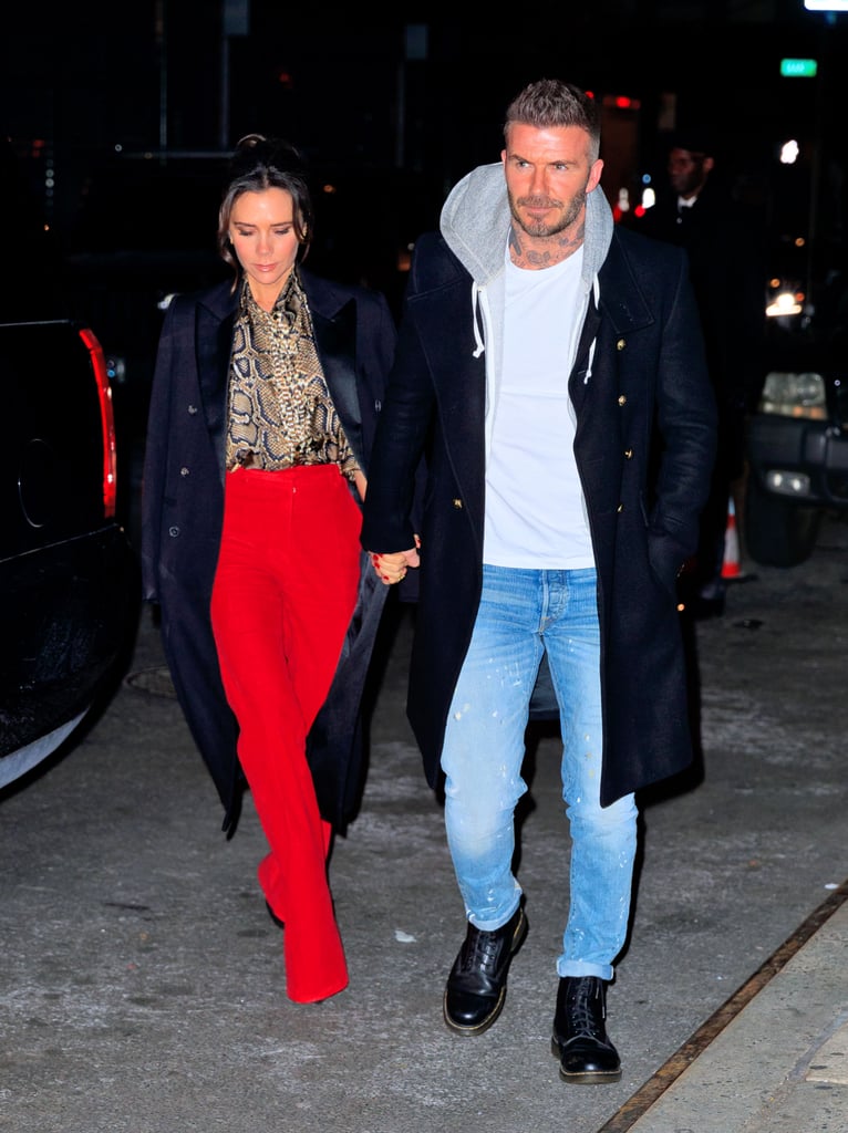 Victoria Beckham Red Pants and Snakeskin Blouse January 2019