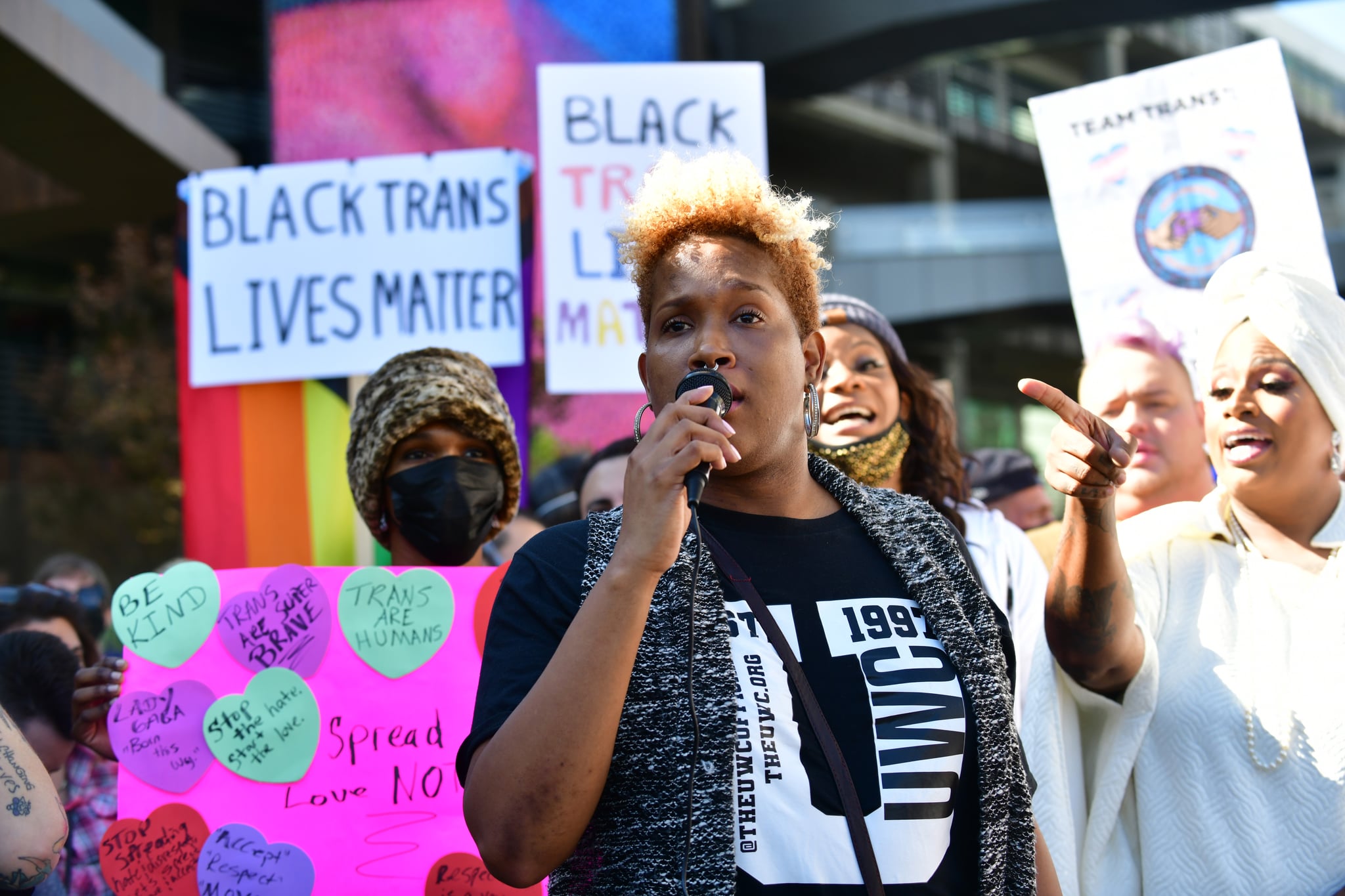 LOS ANGELES, CALIFORNIA - OCTOBER 20: Neverending Nina speaks as Trans employees and allies at Netflix walkout in protest of Dave Chappelle special on October 20, 2021 in Los Angeles, California. Netflix has decided to air Chappelle's special, which contains jokes about transgender people, even though some employees have voiced concerns they feel have been ignored by the company. (Photo by Rodin Eckenroth/Getty Images)