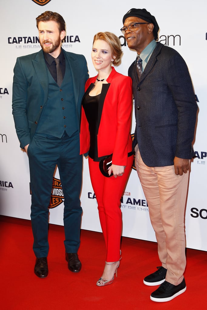 Scarlett Johansson, Samuel L. Jackson, and Chris Evans posed together at the Paris premiere of Captain America: The Winter Soldier on Monday.