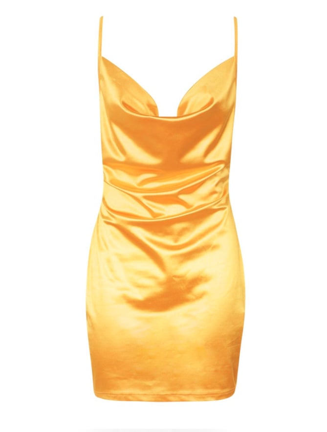 Satin cowl new arrivals front bodycon dress