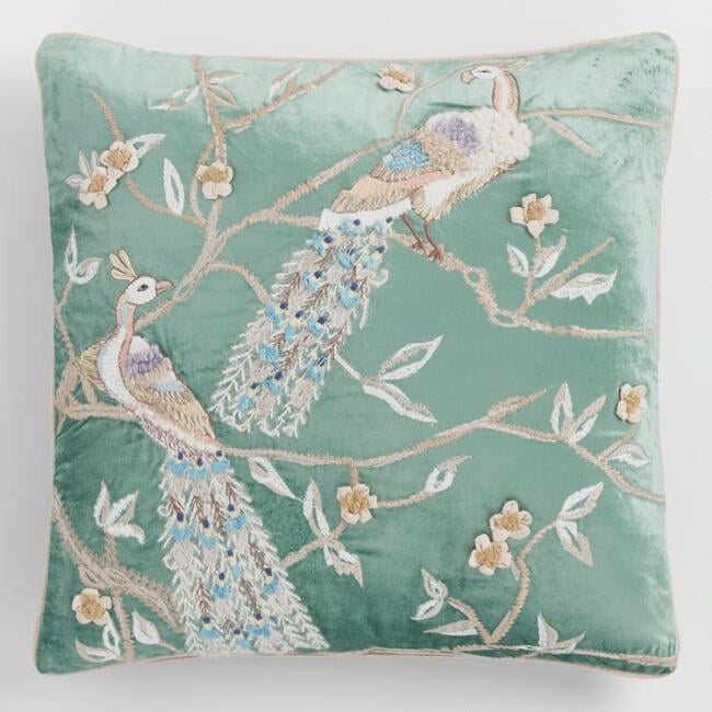Jadeite Peacock Embroidered Velvet Throw Pillow