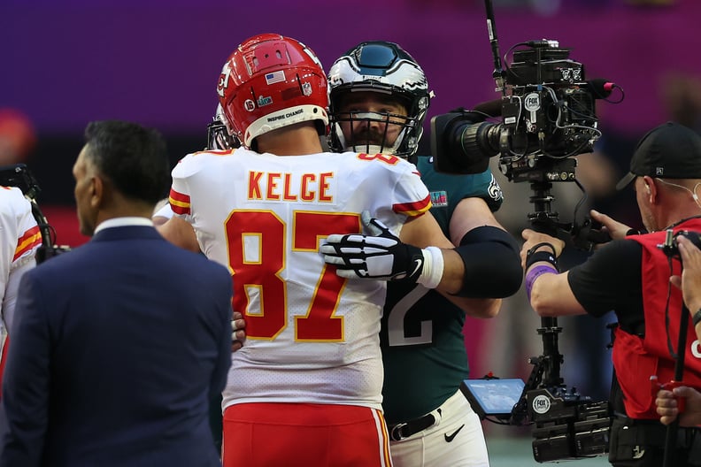 Travis and Jason Kelce Share Hug on the Super Bowl Field